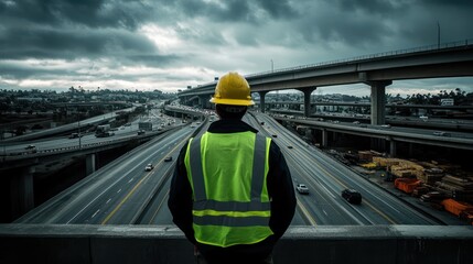 An engineer on a highway overpass, inspecting the structure with traffic flowing below. 
