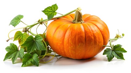 Obraz premium Single Orange Pumpkin with Vine and Leaves