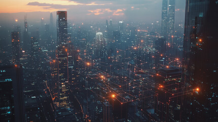 Fototapeta premium Abstract business man stands on Smart digital Innovation city with connection network reciprocity over the twilight cityscape. of future wireless digital city and social media networking systems