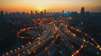 Abstract business man stands on Smart digital Innovation city with connection network reciprocity over the twilight cityscape. of future wireless digital city and social media networking systems