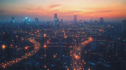 Fototapeta premium Abstract business man stands on Smart digital Innovation city with connection network reciprocity over the twilight cityscape. of future wireless digital city and social media networking systems