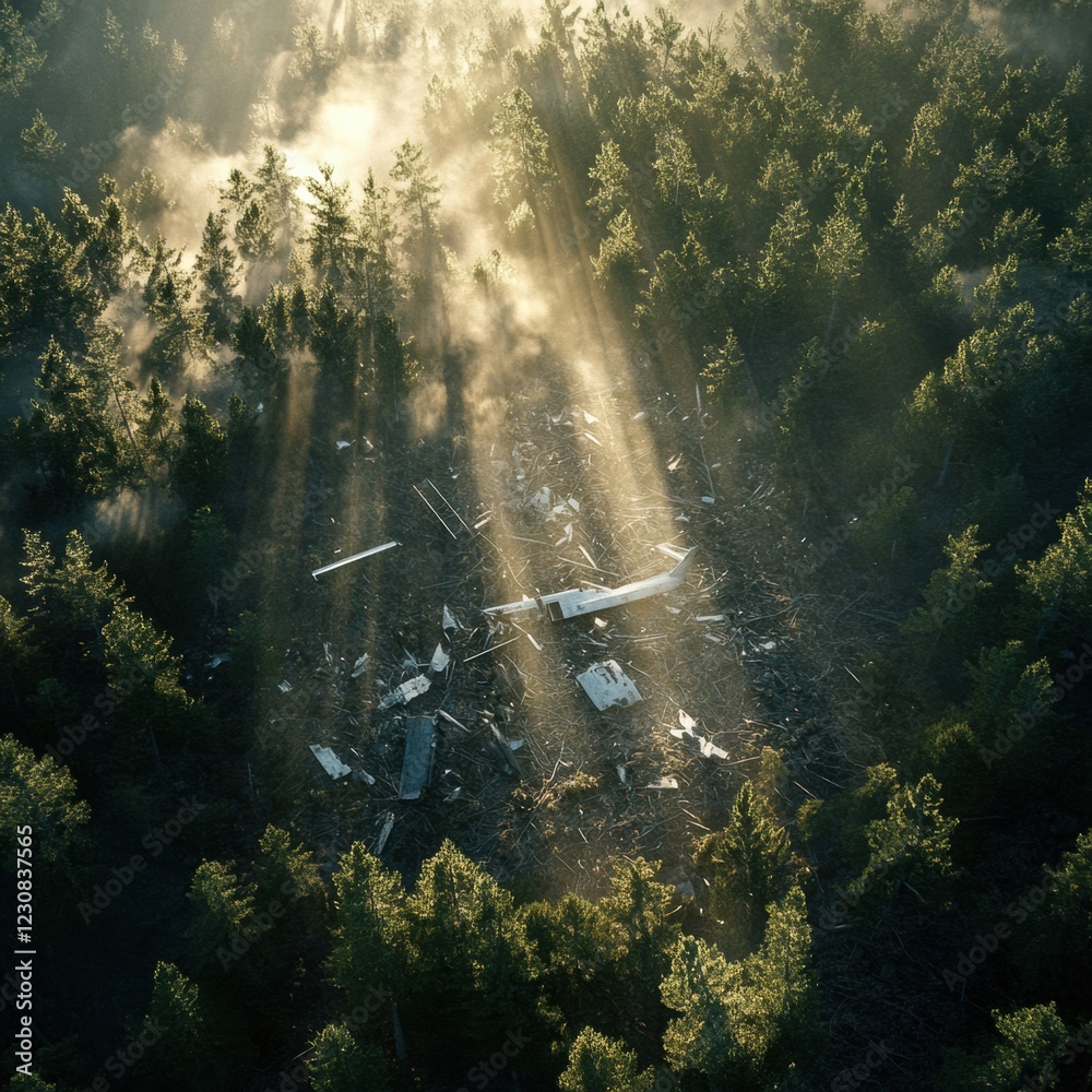 Aufkleber dense forest reveals airplane wreckage in remote clearing illuminated by sunlight. generative ai