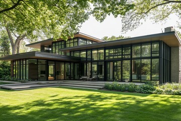 Modern glass house surrounded by lush greenery in a tranquil suburban neighborhood