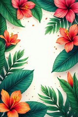 Fototapeta premium Colorful seamless backdrop, exotic leaves and flowers, illustration, vibrant, garden