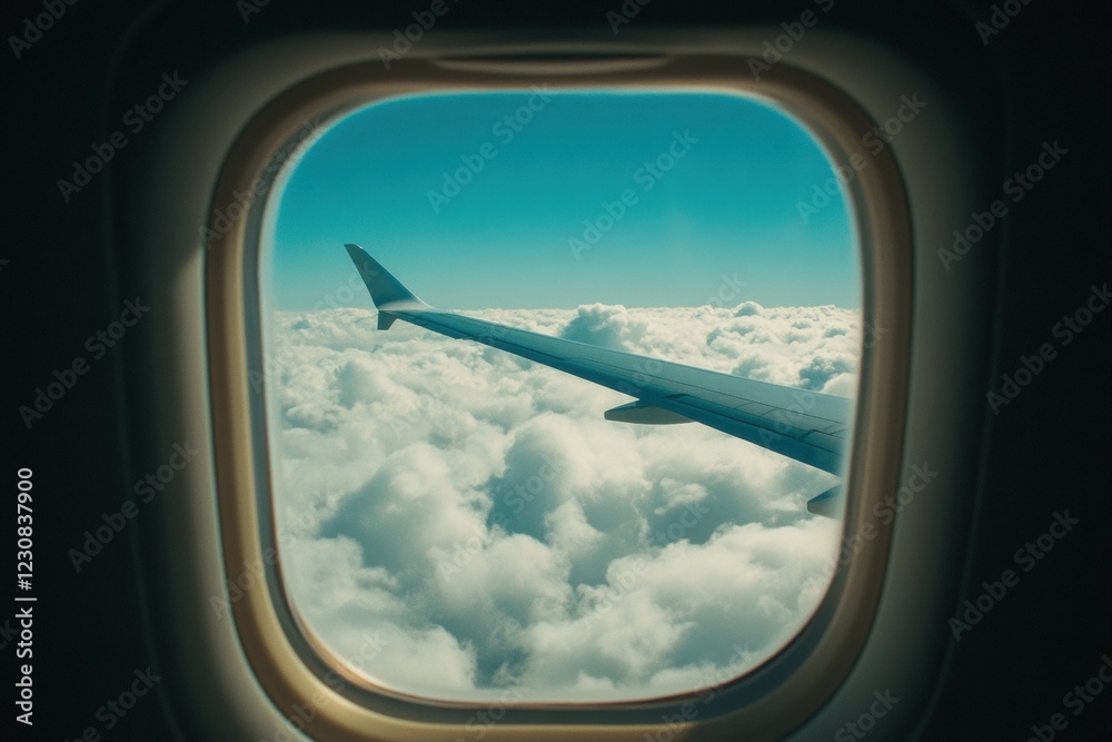 Poster View from airplane window showcasing wing above fluffy clouds and bright blue sky. Generative AI