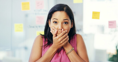 Excited, portrait and surprise of designer woman in office covering mouth for shock gesture. Reaction, storyboard or wow and business person at work with facial expression for gossip, news or secret