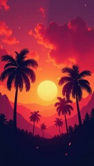 Fiery orange and pink sky, silhouetted palm trees, sun, beach