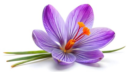 Single Purple Crocus Flower with Green Leaves on White Background