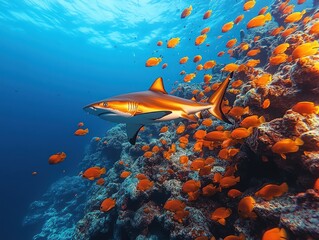 Fototapeta premium Underwater scene featuring a shark swimming amidst a school of orange fish near a coral reef