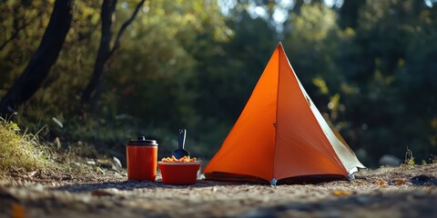 Forest camping orange tent, meal, sunny background