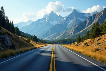 Fototapeta premium Empty asphalt road curves through majestic mountains , desolate, autumn, background