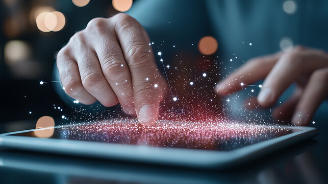 Innovative business intelligence visualization on glowing tablet modern office space digital art technology concept close-up viewpoint