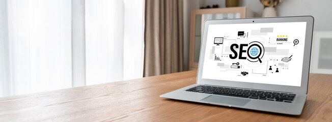 SEO search engine optimization for modish e-commerce and online retail business showing on computer...