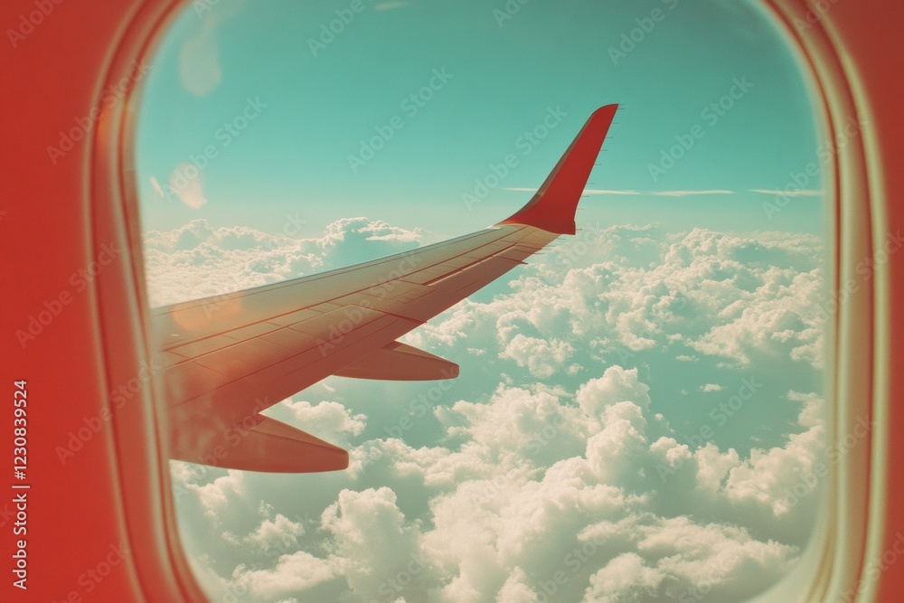 Poster view of an airplane wing gliding above soft fluffy clouds and clear blue sky during daytime travel. 