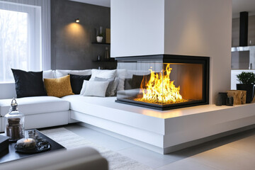 frame mockup in a White corner sofa near fireplace. Scandinavian home interior design of modern living room 