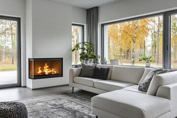 frame mockup in a White corner sofa near fireplace. Scandinavian home interior design of modern living room 