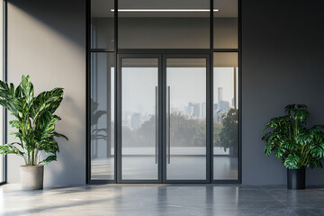 Fototapeta premium Glass door with metal handles mock up. Office entrance with space sign board on wall mockup