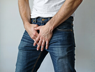A man covering his crotch, incontinence and sexually transmitted diseases concept, male sexual health