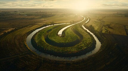Fototapeta premium Aerial view of meandering river at sunset, farmland background, nature landscape