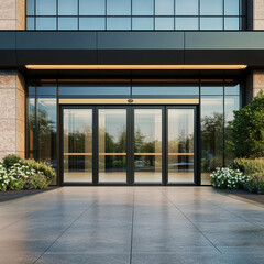 Sliding glass doors entrance mockup. Commercial automatic entry mock up. Office building exterior template 