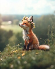 Fox kit floral crown, hillside meadow, idyllic landscape, spring