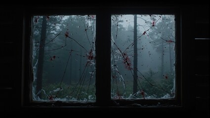 Mysterious forest scene with broken cabin window and eerie details