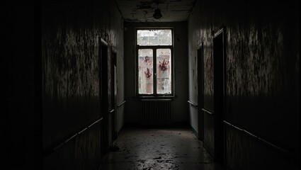 Fototapeta premium Eerie abandoned asylum hallway with flickering light and blood streaked window