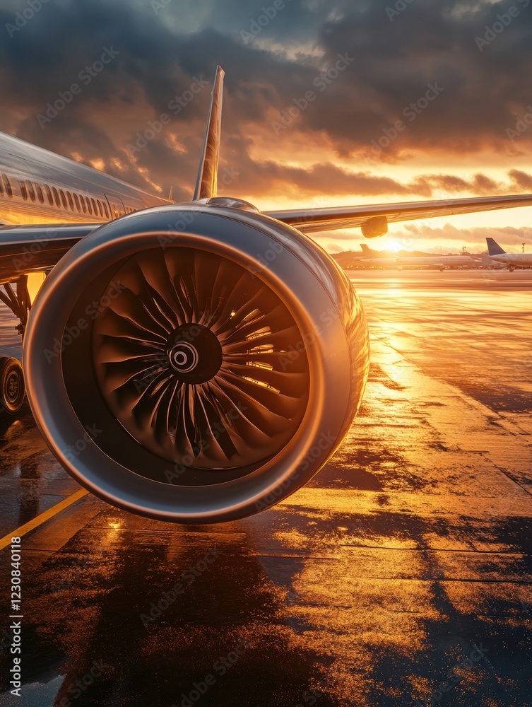Poster airplane wing illuminated by sunset reflecting on the runway during a calm evening. generative ai