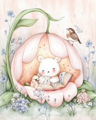 cute bear reading book inside flower petal, surrounded by bird and flowers, creating whimsical and peaceful scene