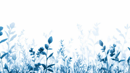 A minimalist silhouette of blue wildflowers on a white background, with a blurred background of foliage. generative ai. Frosted Fields. Illustration