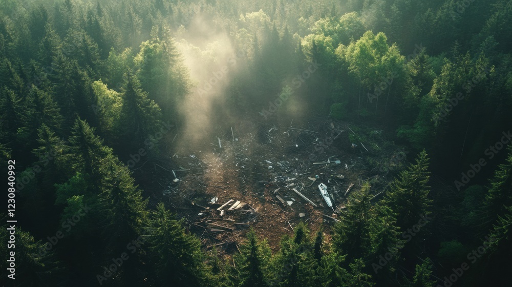 Poster Aerial view of dense forest with airplane debris scattered across clearing during daylight. Generative AI