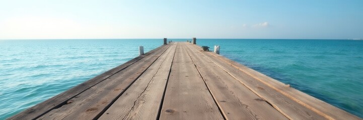 Wooden jetty's weathered texture against clear sky, landscape, wooden