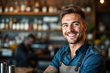 Fototapeta premium portrait of a young smiling Australian male bartender against blurred bar background