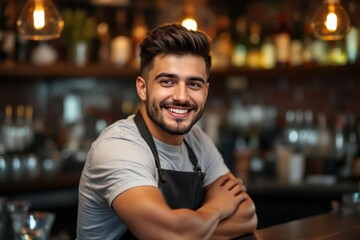 Obraz premium portrait of a young smiling Armenian male bartender against blurred bar background