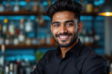 portrait of a young smiling Bangladeshi male bartender against blurred bar background