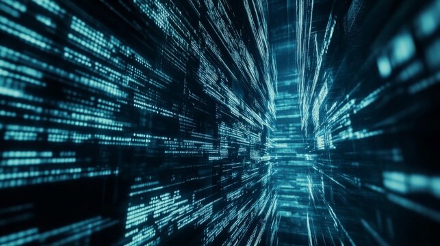 An abstract composition of digital code streams and glowing algorithmic patterns, in a cutting-edge tech setting, Code Streams style