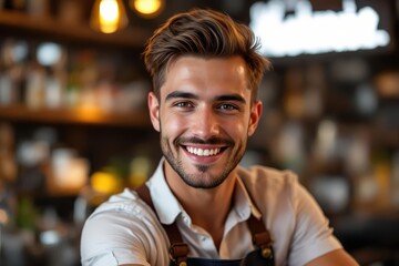 Obraz premium portrait of a young smiling Belgian male bartender against blurred bar background
