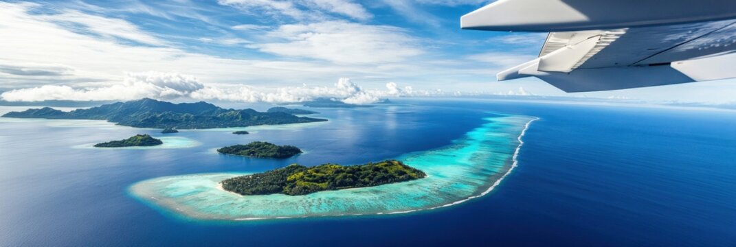 Airplane glides over vast blue ocean revealing picturesque islands under clear sky. Generative AI - Powered by Adobe