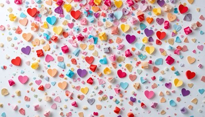 Vibrant multicolored heart confetti scattered on a white background creating a festive and joyful valentines day celebration aesthetic