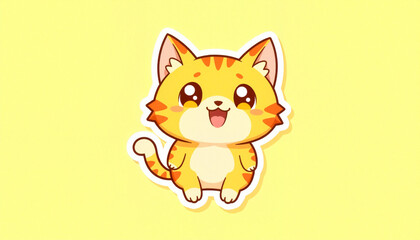 Obraz premium Happy kawaii cat character on yellow background, cheerful design