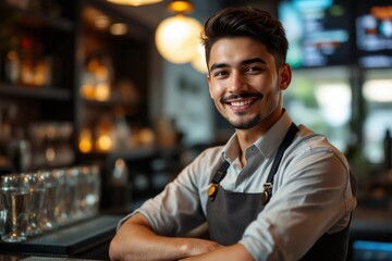 Fototapeta premium portrait of a young smiling Bruneian male bartender against blurred bar background