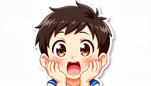 Surprised chibi anime boy with hands on cheeks, sticker design
