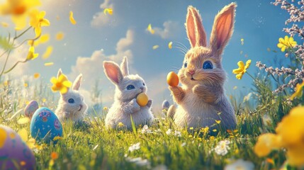 Three Cute Fluffy Bunnies with Easter Eggs in Spring Meadow
