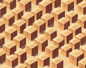Isometric view of numerous cardboard boxes arranged in a grid pattern, casting shadows on a light beige surface.