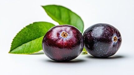 Obraz premium Fresh Dark Purple Berries Fruits with Green Leaves on White Background