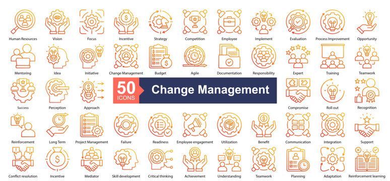 Change Management Icon Collection Set.Containing Human Resources, Vision, Focus, Incentive, Strategy, Competition, Employee, Evaluation icon. Simple line gradient style Vector Illustration.	

