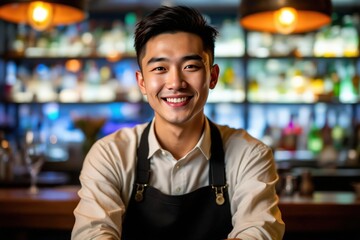 Fototapeta premium portrait of a young smiling Chinese male bartender against blurred bar background