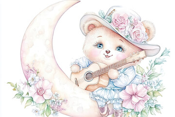Cute bear playing guitar on crescent moon surrounded by flowers. This whimsical illustration evokes sense of joy and tranquility, perfect for children decor