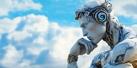 AI robot posing as the thinker statue -