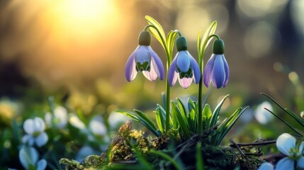 Three Delicate Snowdrop Flowers in Soft Sunlight